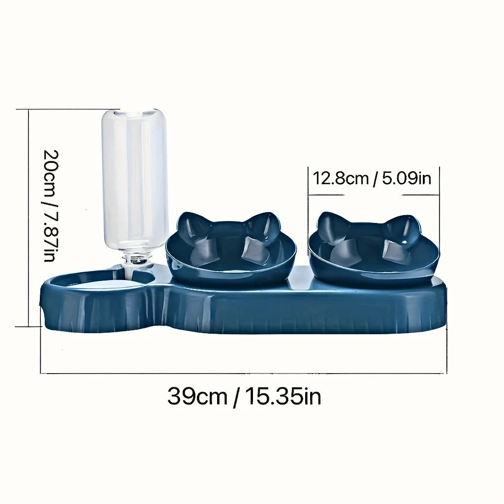 Haustiersc halen mit Wasserzufuhr, 3-in-1-Ohr-Design, gekipptes Katzen wasser und Futtern apf mit Schwerkraft wasser flasche zum Nackenschutz