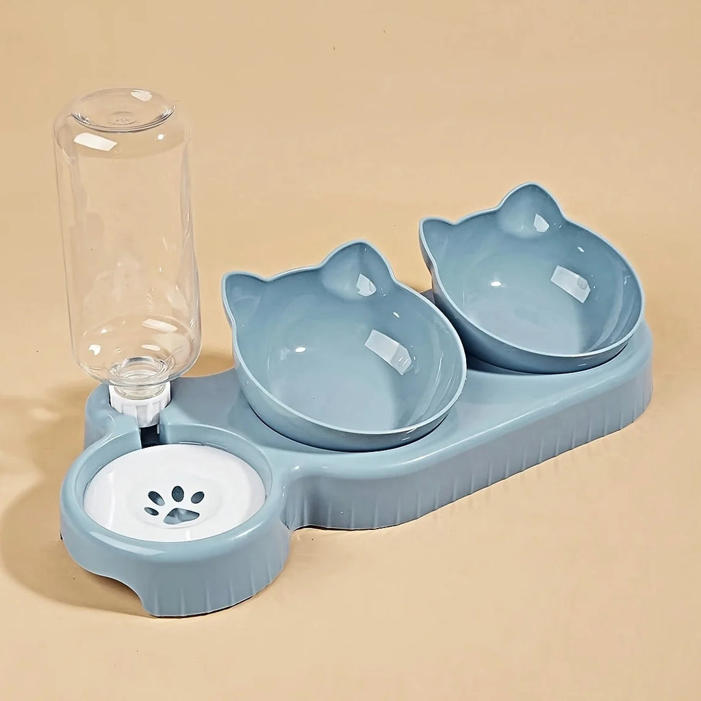 Haustiersc halen mit Wasserzufuhr, 3-in-1-Ohr-Design, gekipptes Katzen wasser und Futtern apf mit Schwerkraft wasser flasche zum Nackenschutz