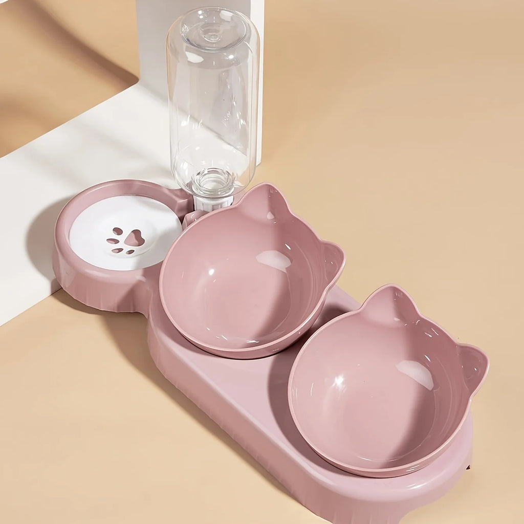 Haustiersc halen mit Wasserzufuhr, 3-in-1-Ohr-Design, gekipptes Katzen wasser und Futtern apf mit Schwerkraft wasser flasche zum Nackenschutz