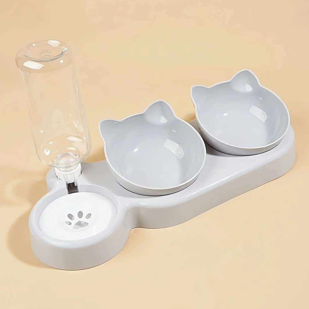 Haustiersc halen mit Wasserzufuhr, 3-in-1-Ohr-Design, gekipptes Katzen wasser und Futtern apf mit Schwerkraft wasser flasche zum Nackenschutz