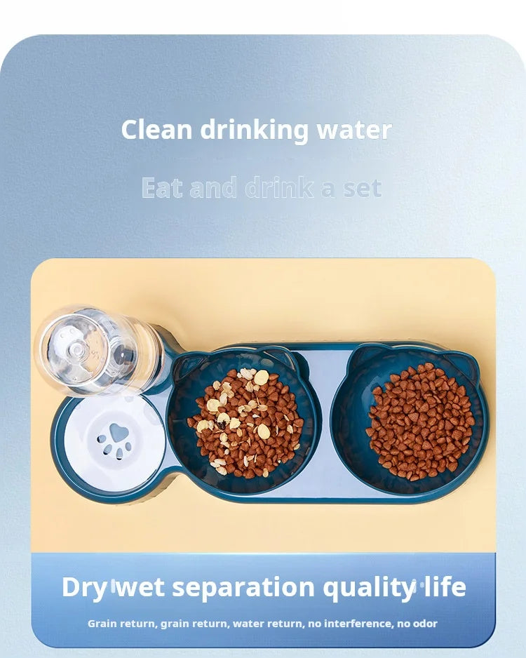 Haustiersc halen mit Wasserzufuhr, 3-in-1-Ohr-Design, gekipptes Katzen wasser und Futtern apf mit Schwerkraft wasser flasche zum Nackenschutz
