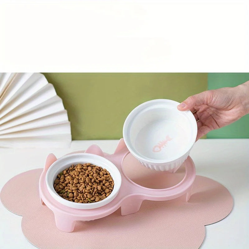 Haustier-Keramik-Futternapf, Doppelnapf, geneigter Winkel zum Halten von Speisen und Wasser, schützt die Halswirbelsäule der Katze.