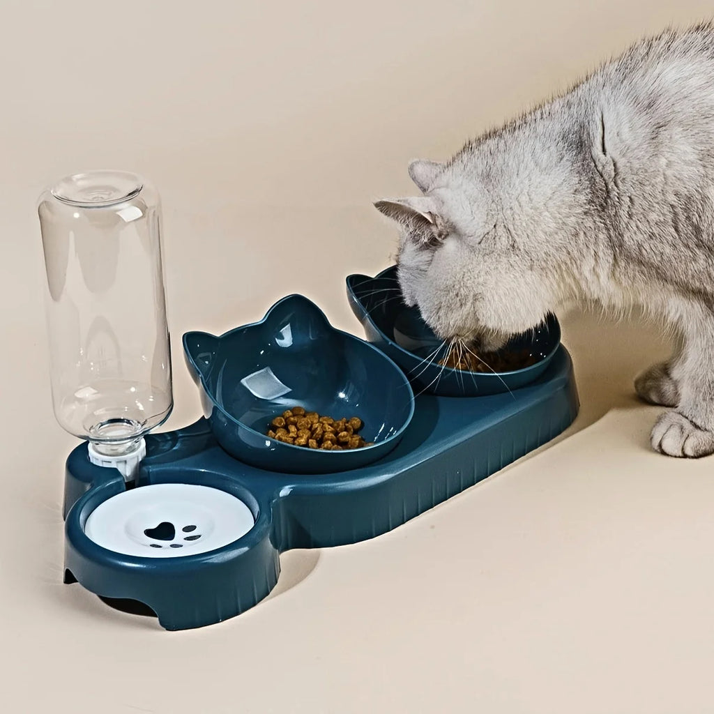 Haustiersc halen mit Wasserzufuhr, 3-in-1-Ohr-Design, gekipptes Katzen wasser und Futtern apf mit Schwerkraft wasser flasche zum Nackenschutz
