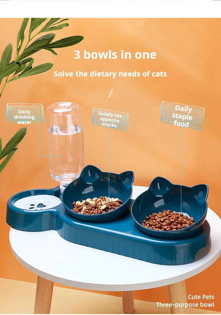 Haustiersc halen mit Wasserzufuhr, 3-in-1-Ohr-Design, gekipptes Katzen wasser und Futtern apf mit Schwerkraft wasser flasche zum Nackenschutz