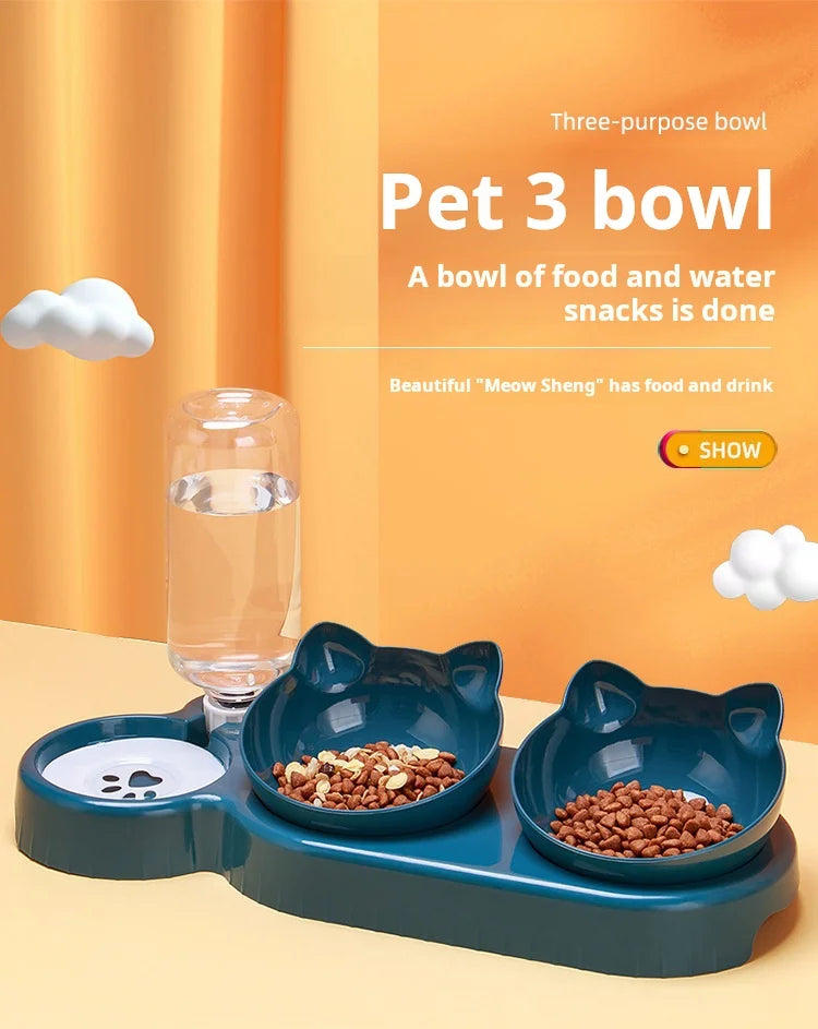 Haustiersc halen mit Wasserzufuhr, 3-in-1-Ohr-Design, gekipptes Katzen wasser und Futtern apf mit Schwerkraft wasser flasche zum Nackenschutz