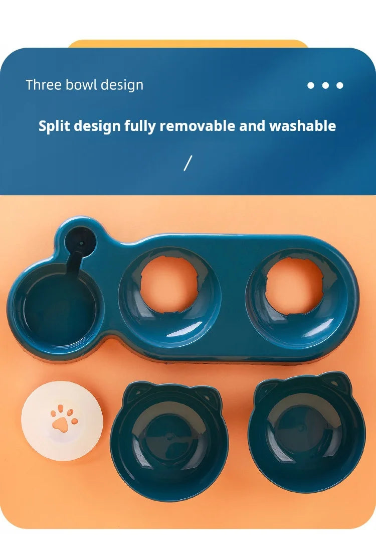 Haustiersc halen mit Wasserzufuhr, 3-in-1-Ohr-Design, gekipptes Katzen wasser und Futtern apf mit Schwerkraft wasser flasche zum Nackenschutz