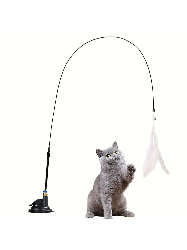 Cat Teaser Spielzeug-interaktive Glocke & Feder Zauberstab-lange Saugnapfs tange für aufregende Playtime-Abenteuer-ultimatives Katzen spielzeug