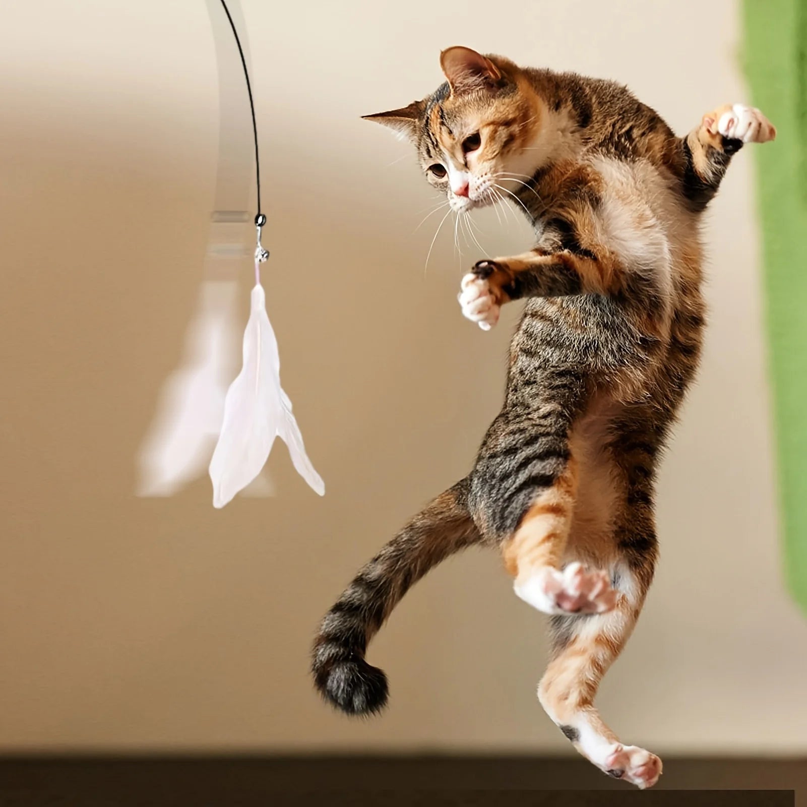 Cat Teaser Spielzeug-interaktive Glocke & Feder Zauberstab-lange Saugnapfs tange für aufregende Playtime-Abenteuer-ultimatives Katzen spielzeug
