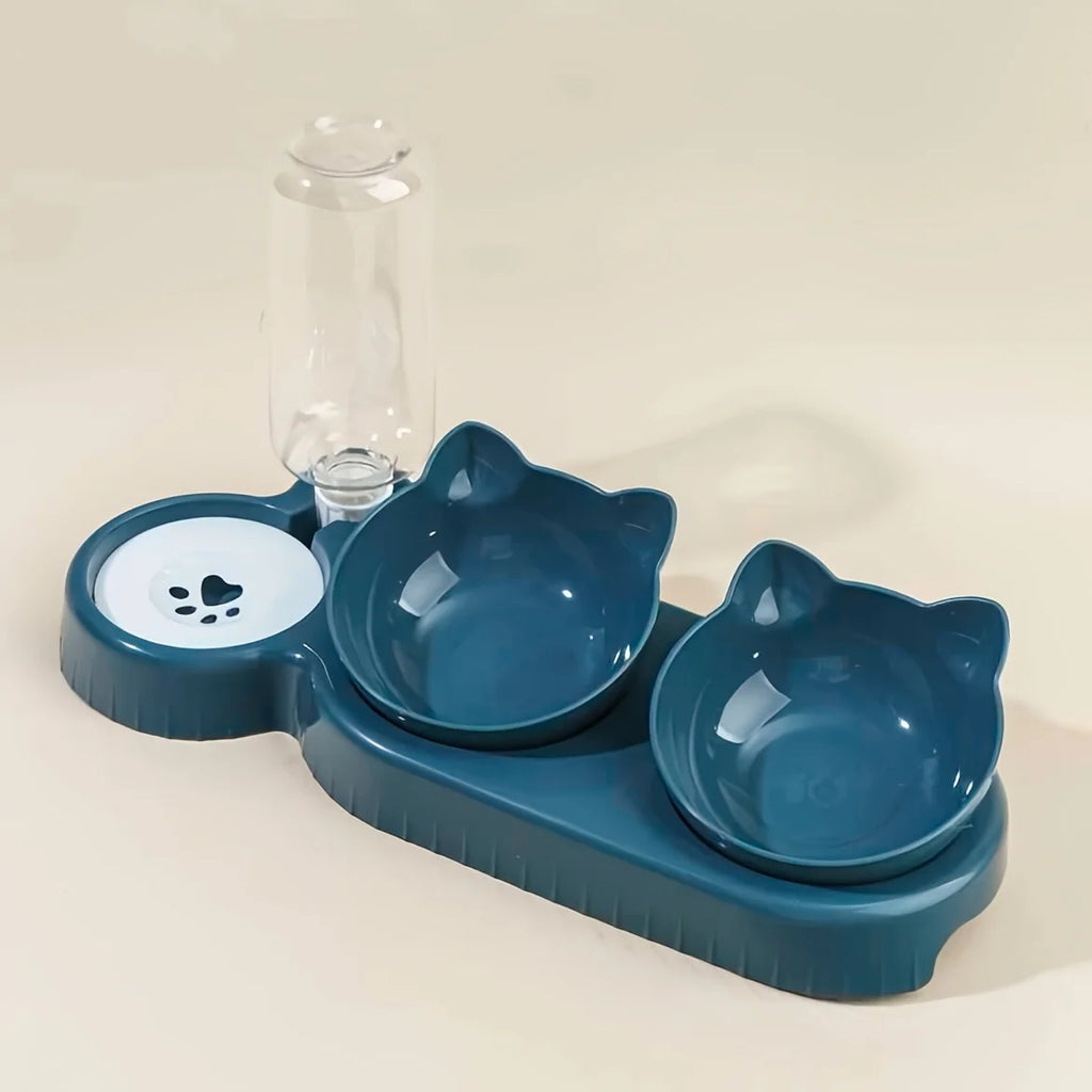 Haustiersc halen mit Wasserzufuhr, 3-in-1-Ohr-Design, gekipptes Katzen wasser und Futtern apf mit Schwerkraft wasser flasche zum Nackenschutz