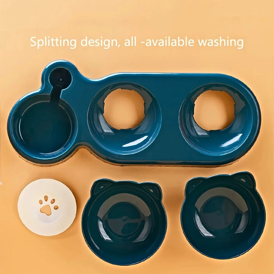 Haustiersc halen mit Wasserzufuhr, 3-in-1-Ohr-Design, gekipptes Katzen wasser und Futtern apf mit Schwerkraft wasser flasche zum Nackenschutz